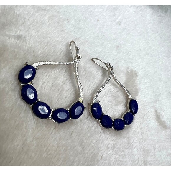 Dark Blue Dangle Earrings Silver Tone Hook Teardrop Oblong - Picture 4 of 5